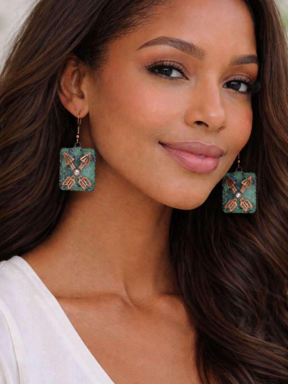 Intersecting Arrows Patina Bohemian Rustic Dangle Earrings